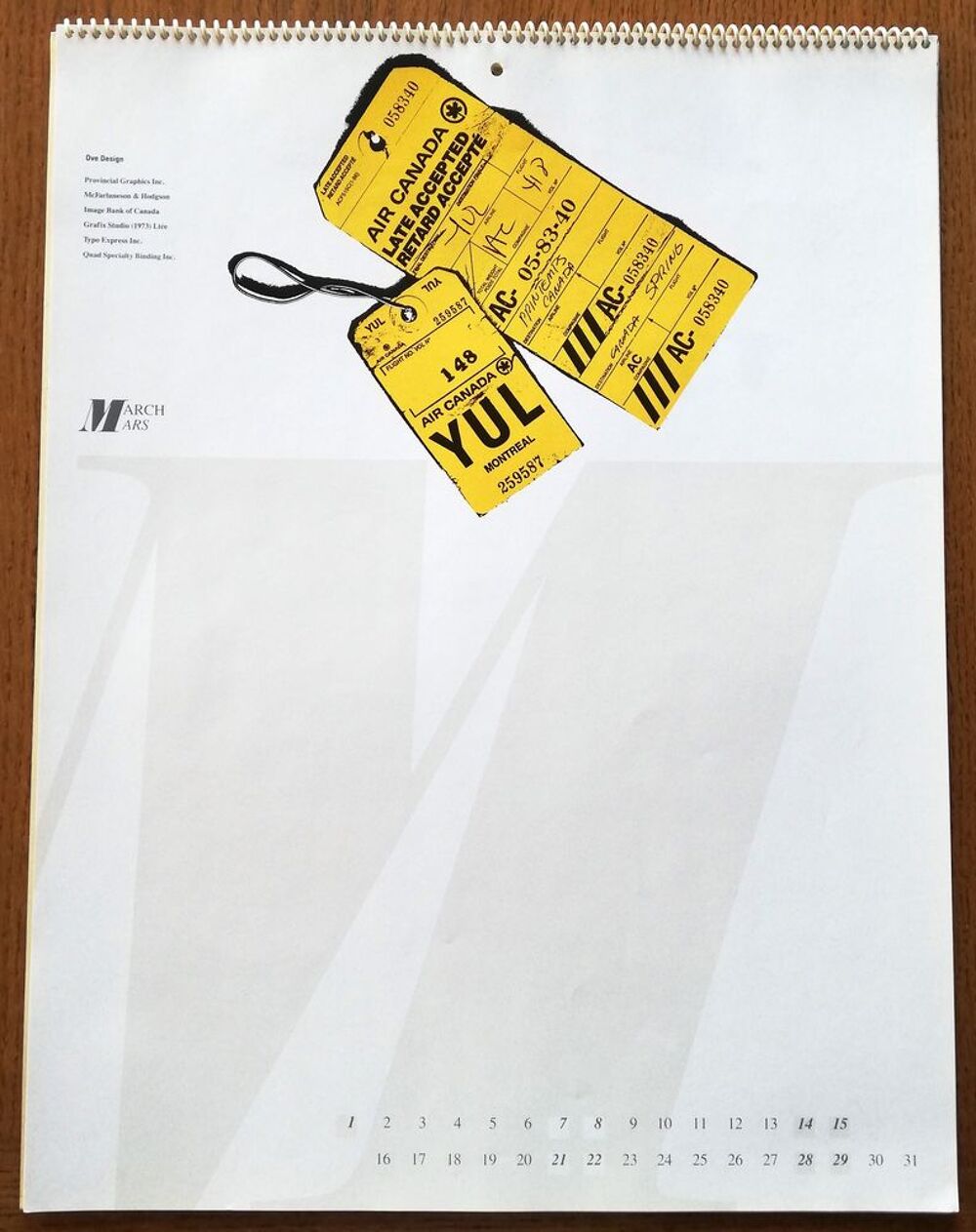 Grand Calendrier "OveDesign" collector de 1987 (31X31cm) 