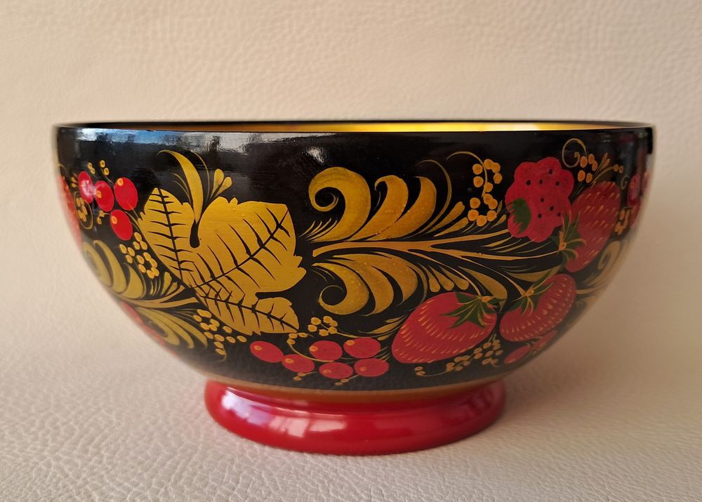 bol et cuill&egrave;re d&eacute;coratif en bois laqu&eacute; Khokhloma URSS Décoration
