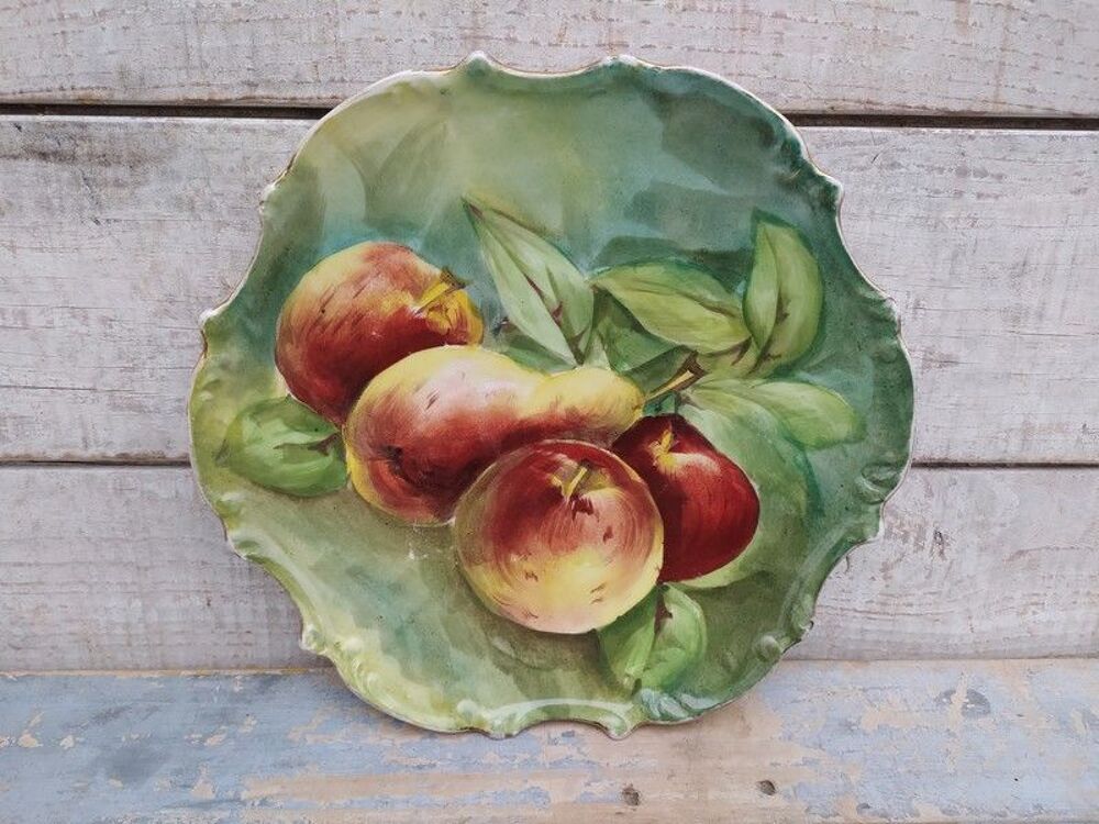 Ancienne Assiette Porcelaine D&eacute;cor Peint Fruits Pomme Poire 