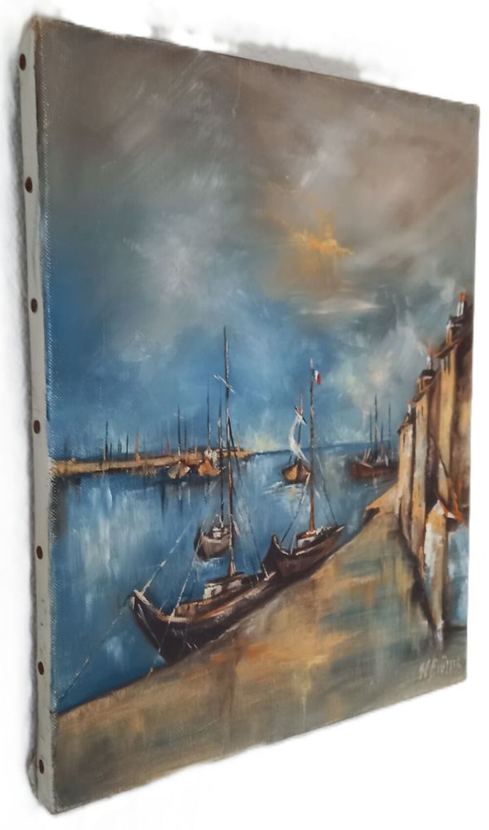 ? Huile sur toile ? Marine / Port r&eacute;tro (Sign&eacute;e H. Fr&uuml;ller) Décoration