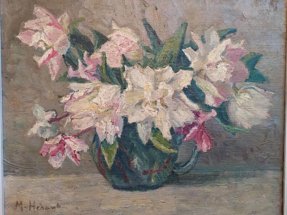 Ancien Tableau Bouquet de Fleurs Pivoines Sign&eacute; M. H&eacute;rault 
