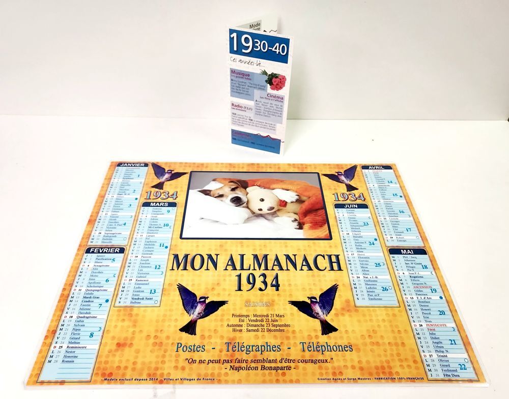 Almanach plastifi&eacute; recto-verso 1934 carte &agrave; offrir des &eacute;v&egrave;nements 