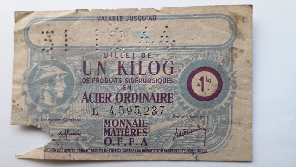 Billet monnaie mati&egrave;res O.F.F.A 1944
