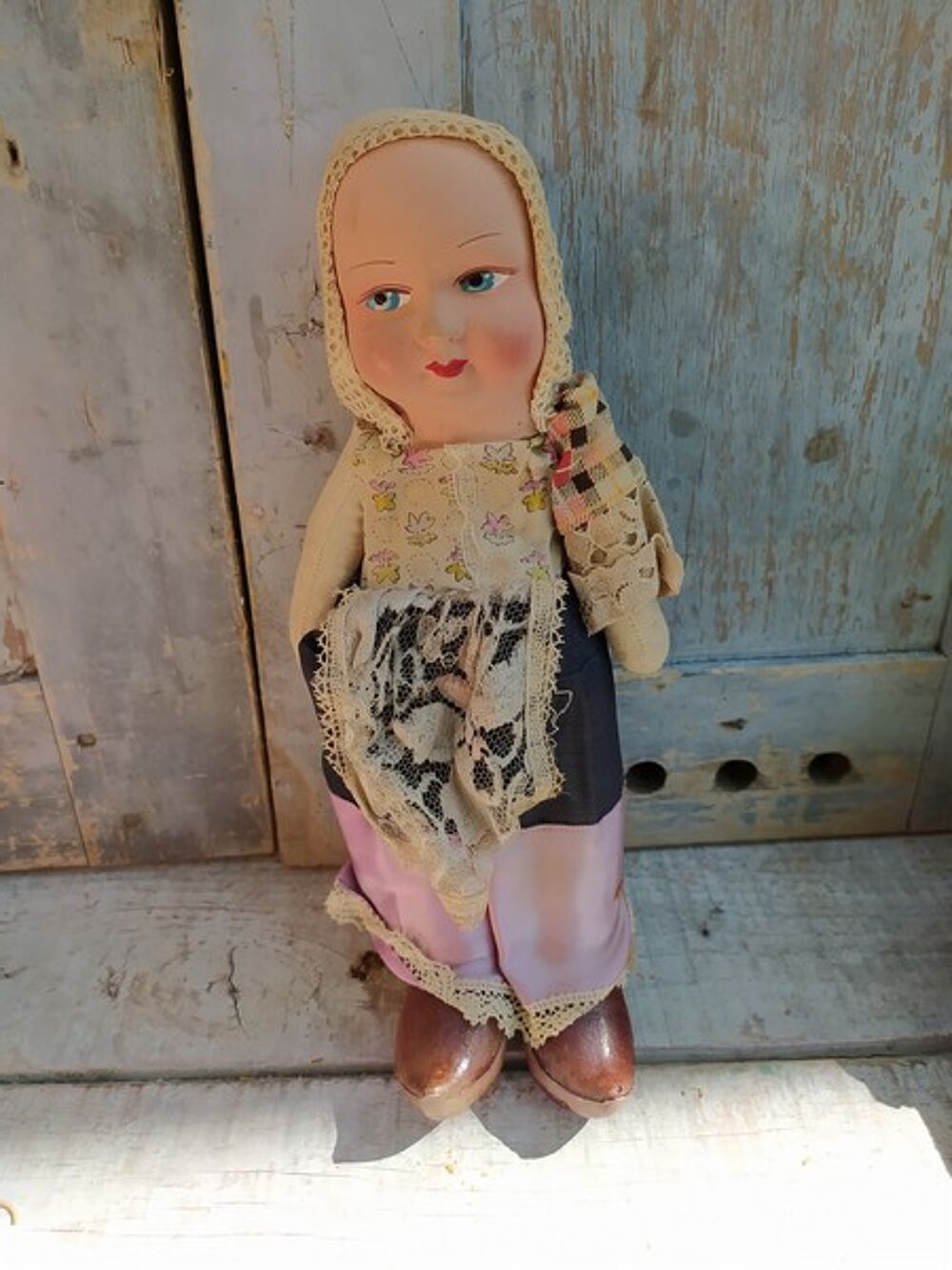 Ancienne Poup&eacute;e Chiffon T&ecirc;te Carton Bouilli 
