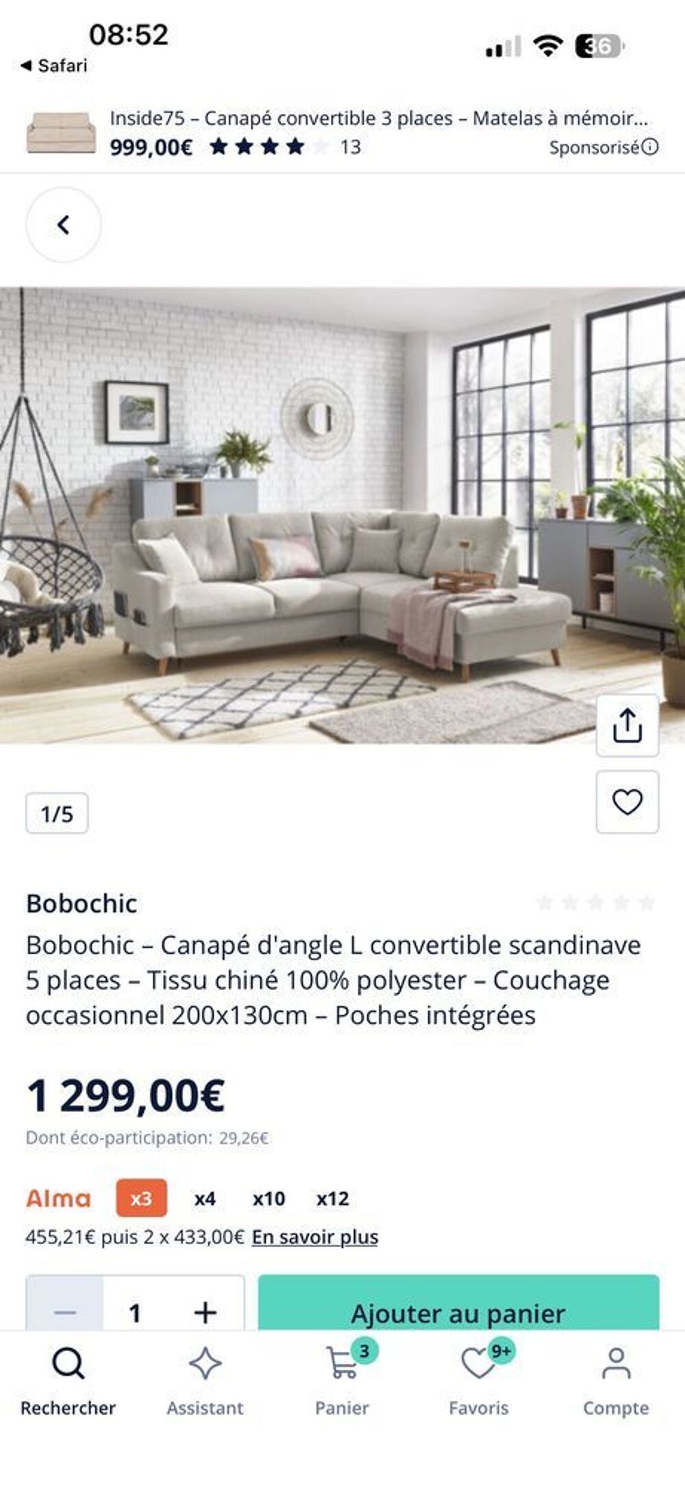 Canap&eacute; d'angle droit convertible Sweden - Cr&egrave;me - Meubles