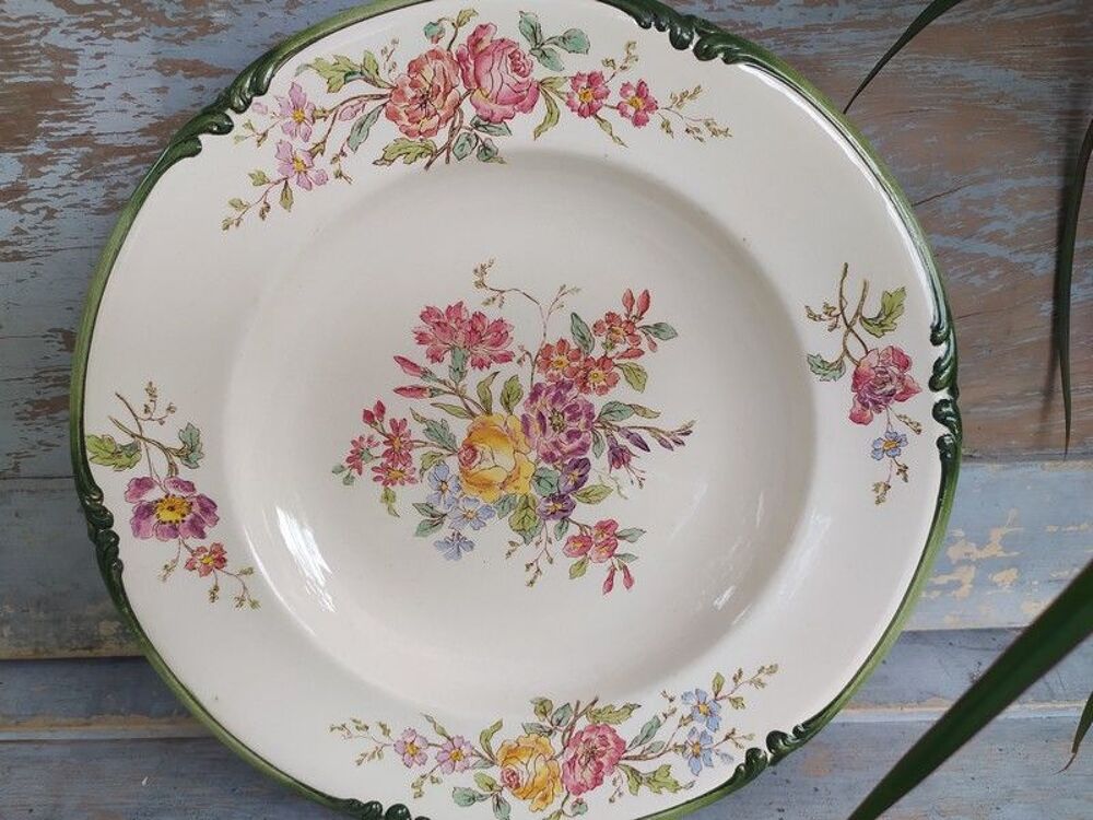 Ancienne Assiette Fa&iuml;ence de Longchamp D&eacute;cor Trianon Fleurs Décoration