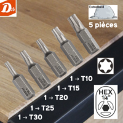   5 embouts de vissage 6 Pans T10 T15 T20 T25 T30 EXTRA DURE 