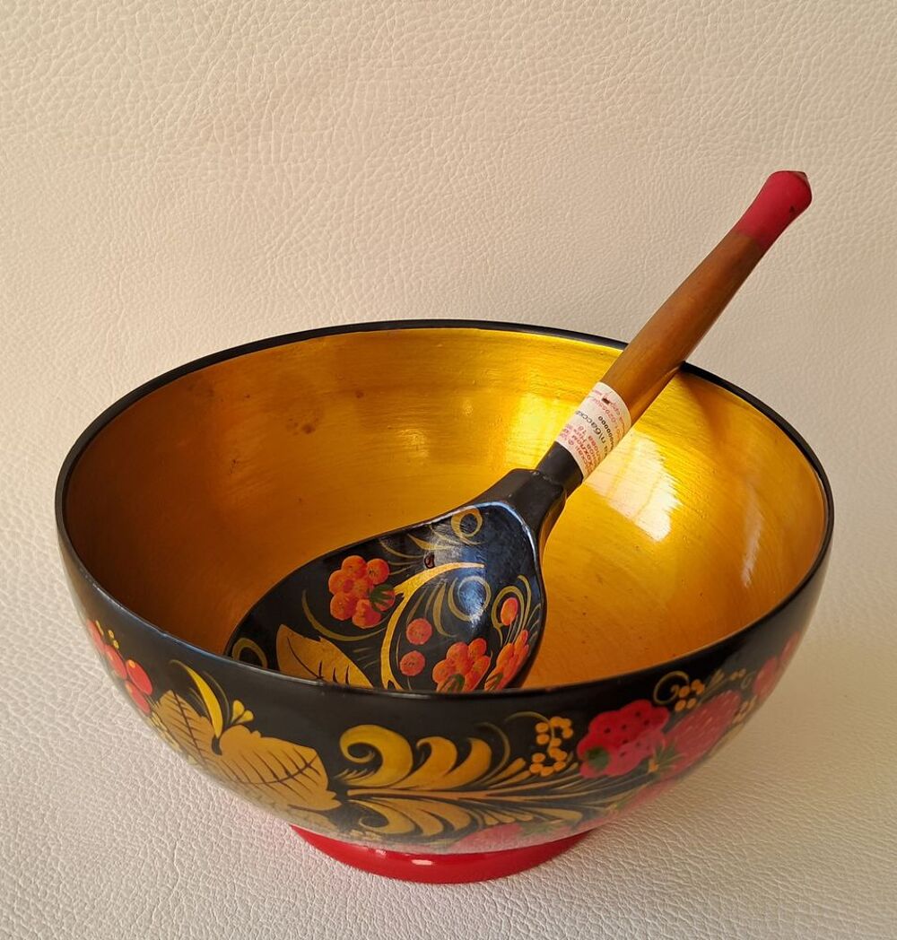 bol et cuill&egrave;re d&eacute;coratif en bois laqu&eacute; Khokhloma URSS Décoration