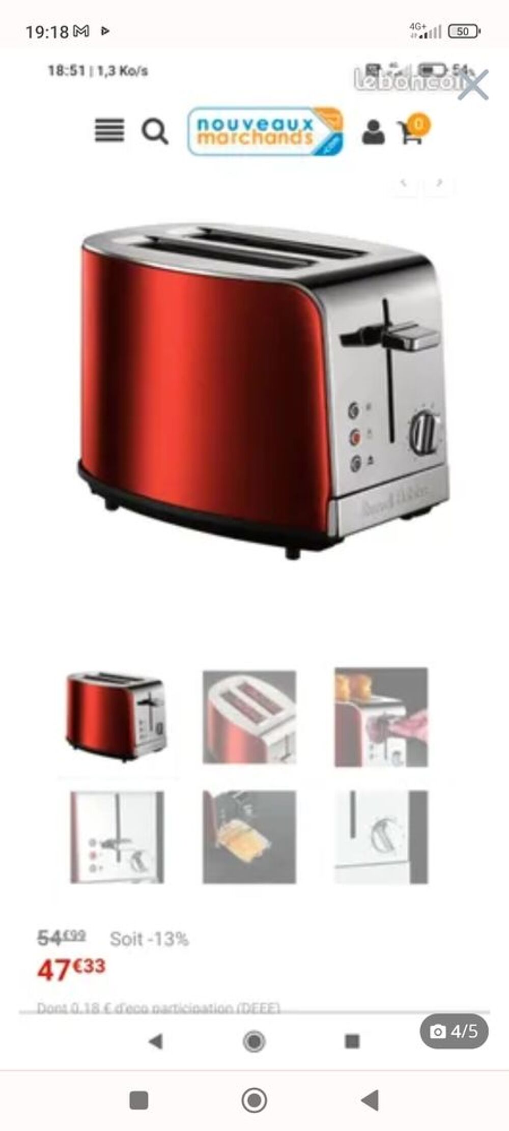 Grille pain Russell Hobbs Rouge Rubis/ Inox Bross&eacute; Electromnager