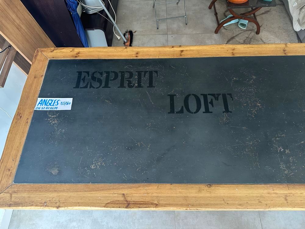 table maison du monde style imitation industriel longueur 200 cm bordure bois &eacute;pais dessus imitation ardoise patine Meubles