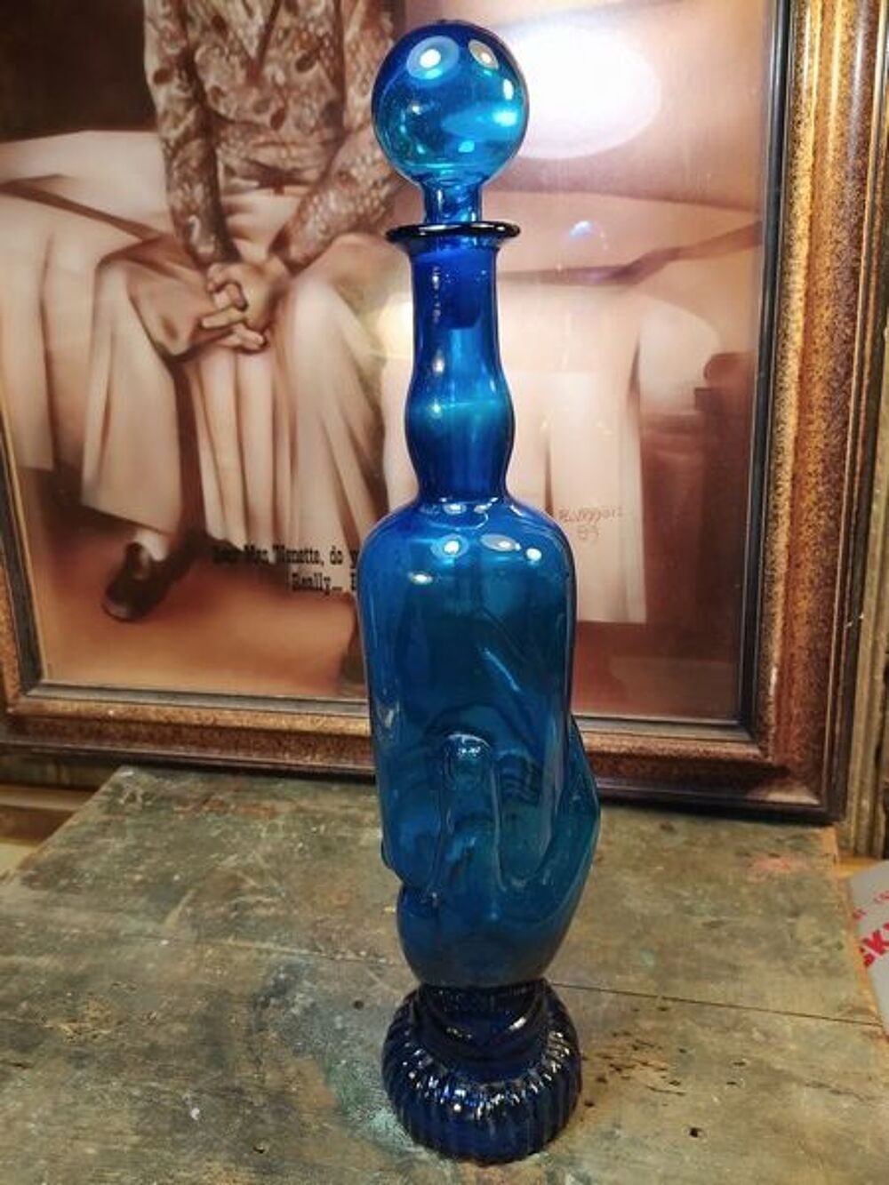 Ancienne Bouteille Sujet Legras Main Verre Bleu Cobalt Décoration