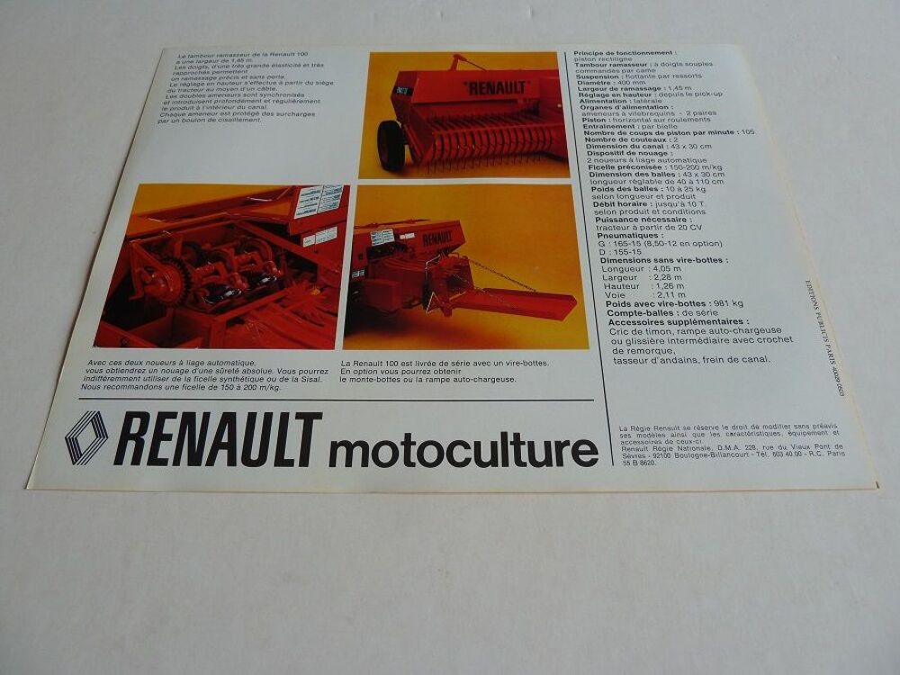 Prospectus presse ramasseuse RENAULT 100 