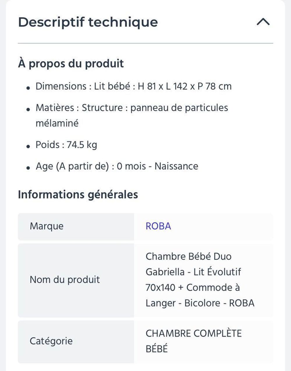 lit &eacute;volutif 70x140 + commode &agrave; langer + matelas de toute Mobilier enfants