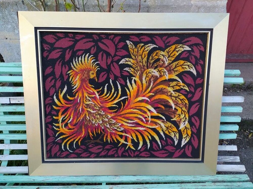 Tableau Tapisserie Oiseau Broderie Vintage 1970 Décoration