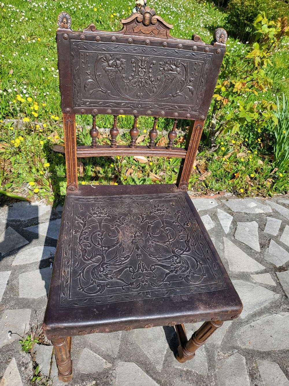 6 Chaises hautes en ch&ecirc;ne massif avec cuir martel&eacute; Meubles