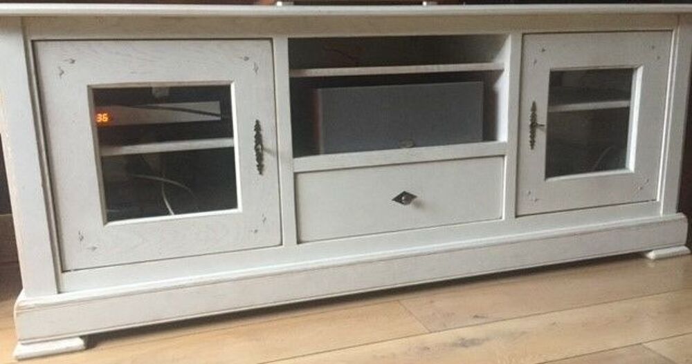 Meuble bas TV HiFi massif c&eacute;rus&eacute; blanc Meubles