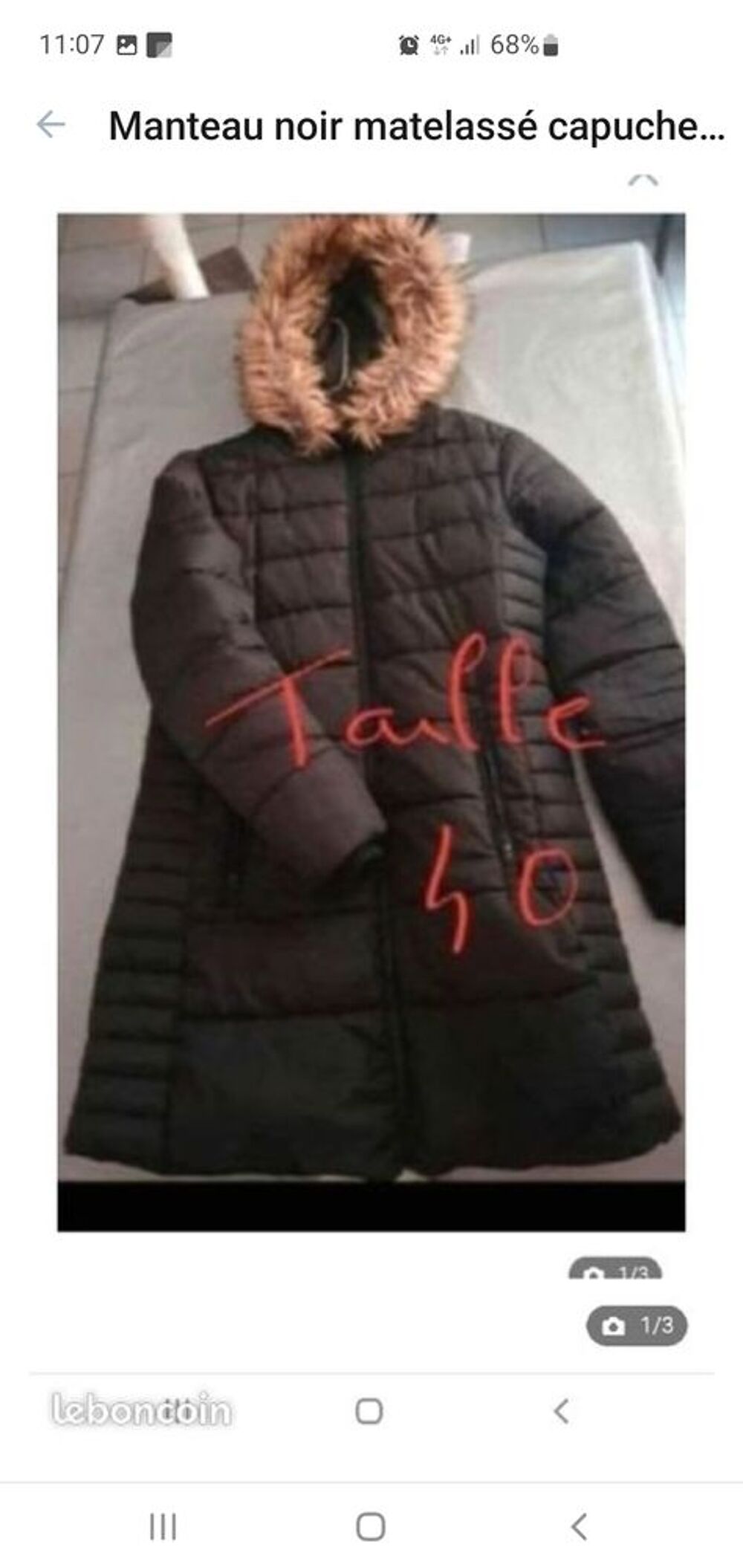 manteau noir capuche fourrure taille 40 Vêtements