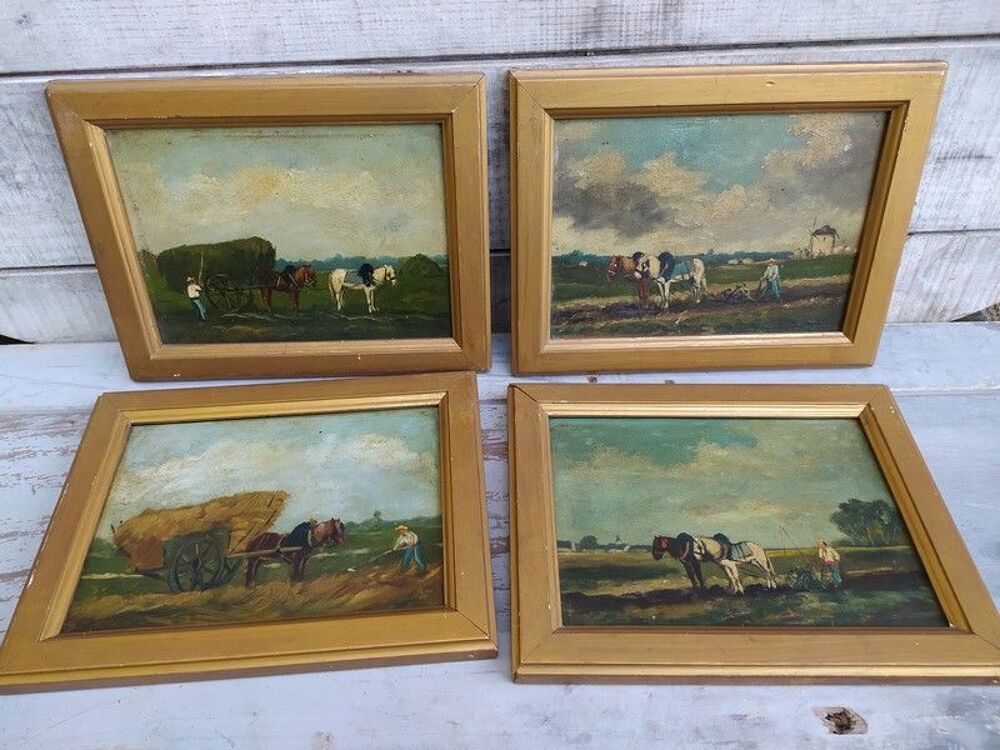 Tableau Sc&egrave;ne Paysanne Chevaux Villiers sur Marne 