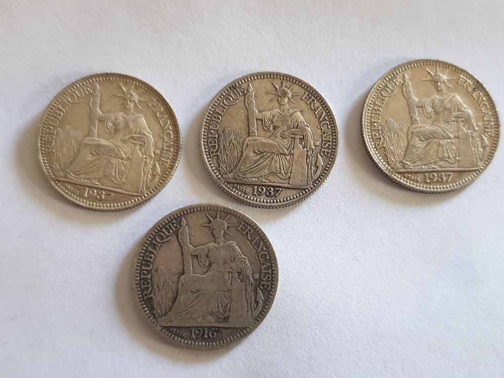 Lot de 4 Pi&egrave;ces 10 Cent Argent Indochine Fran&ccedil;aise 