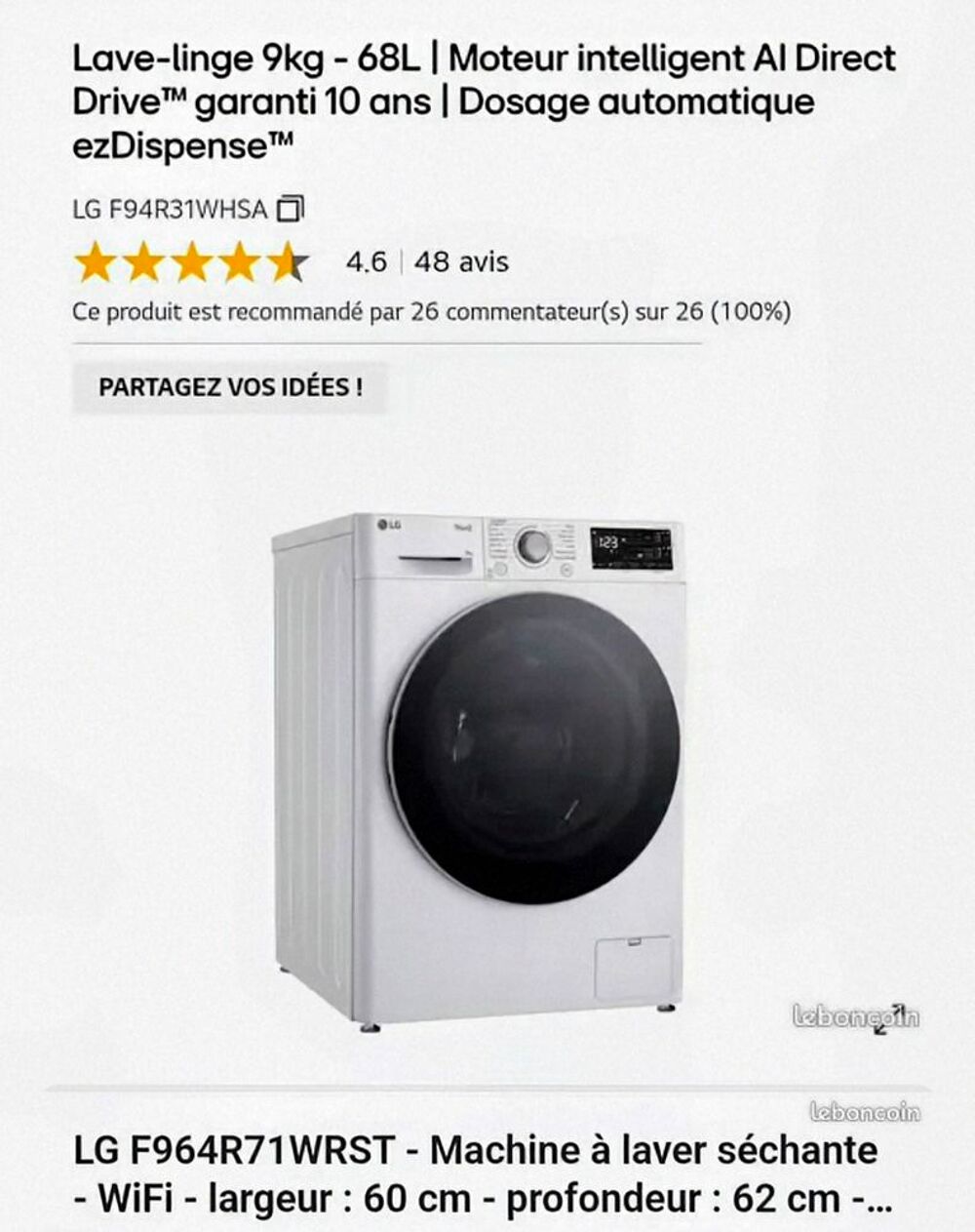 Combo lave linge et s&egrave;che linge LG
600 € Electroménager