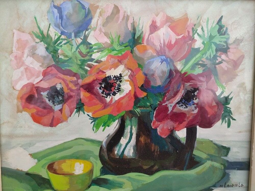 Tableau Nature Morte aux Coquelicots Gouache sign&eacute; M.Lacombe Décoration