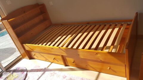 Lit pin massif 90x190 couleur miel avec sommier et matelas 200 Labenne (40)