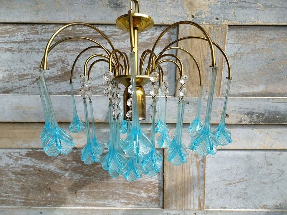 Lustre Pampilles Bleues Verre de Murano Vintage 
Décoration