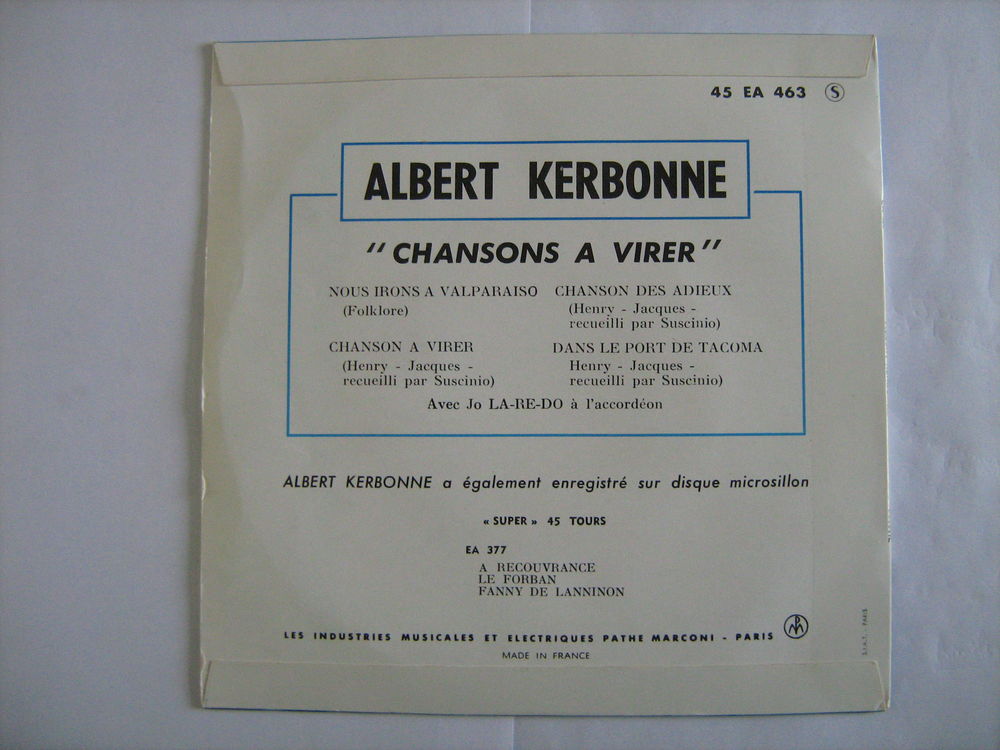 ALBERT KERBONNE CHANSONS DE LA VOILE sur disque PATHE MARCON CD et vinyles