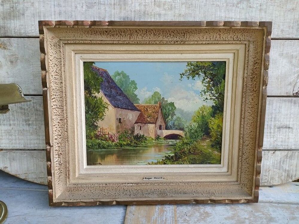 Roger Houck Tableau Paysage Bord de Rivi&egrave;re Moulin Décoration