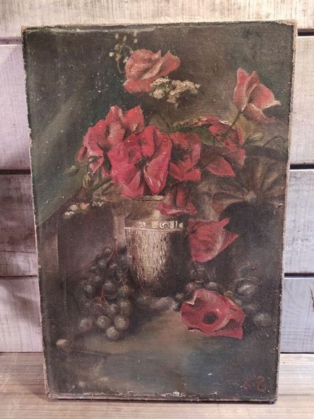 Tableau Nature Morte Coquelicots et Raisins Monogramme XIXe Décoration