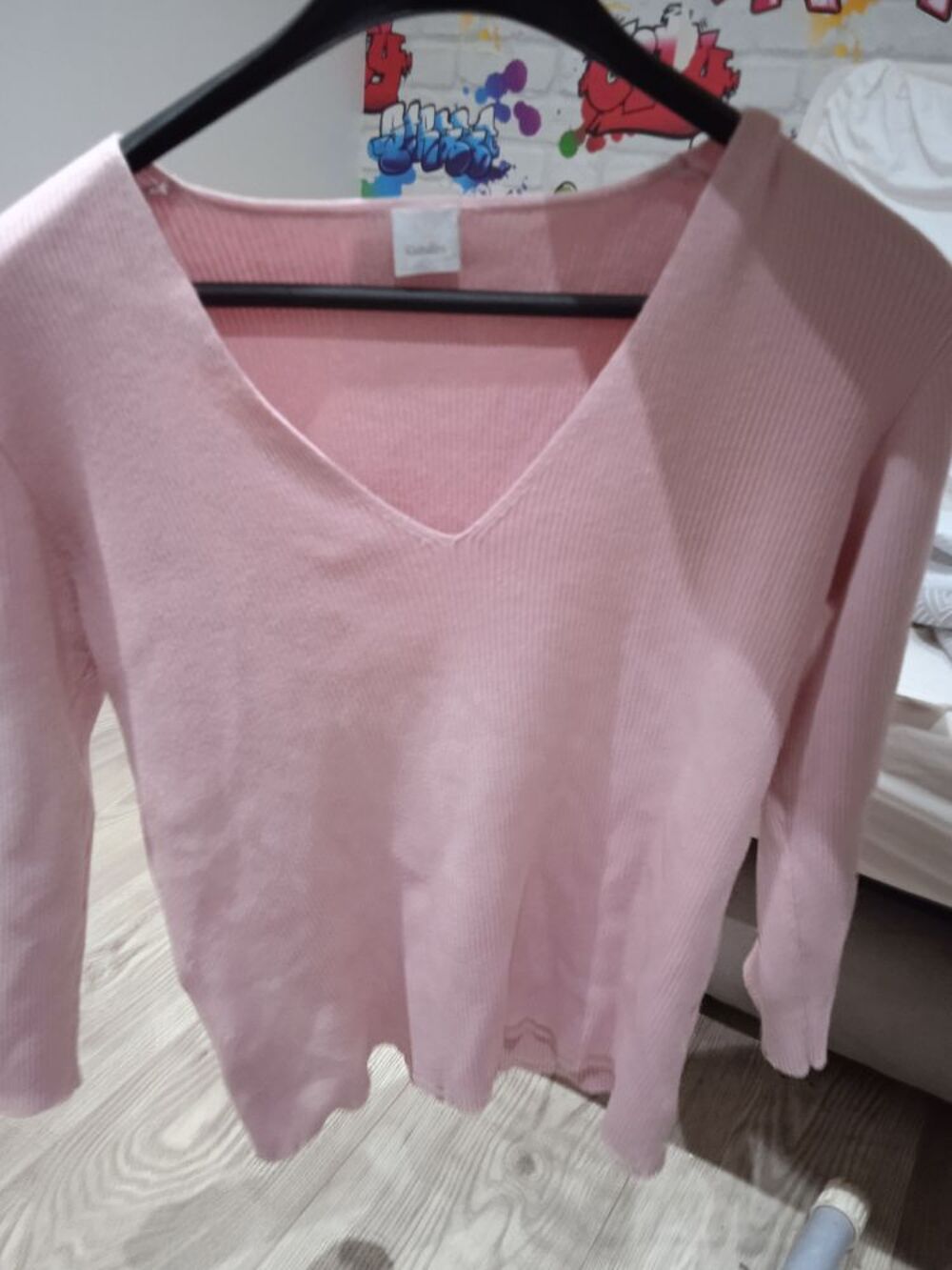 Petit pull rose marque Cama&iuml;eu T 40 manches 3/4 50 % coton e Vêtements