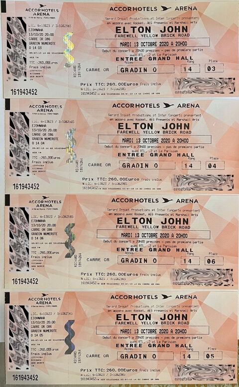 4 Billets Elton John Paris Accor Arena 28 Juin 0 Blanquefort (33)
