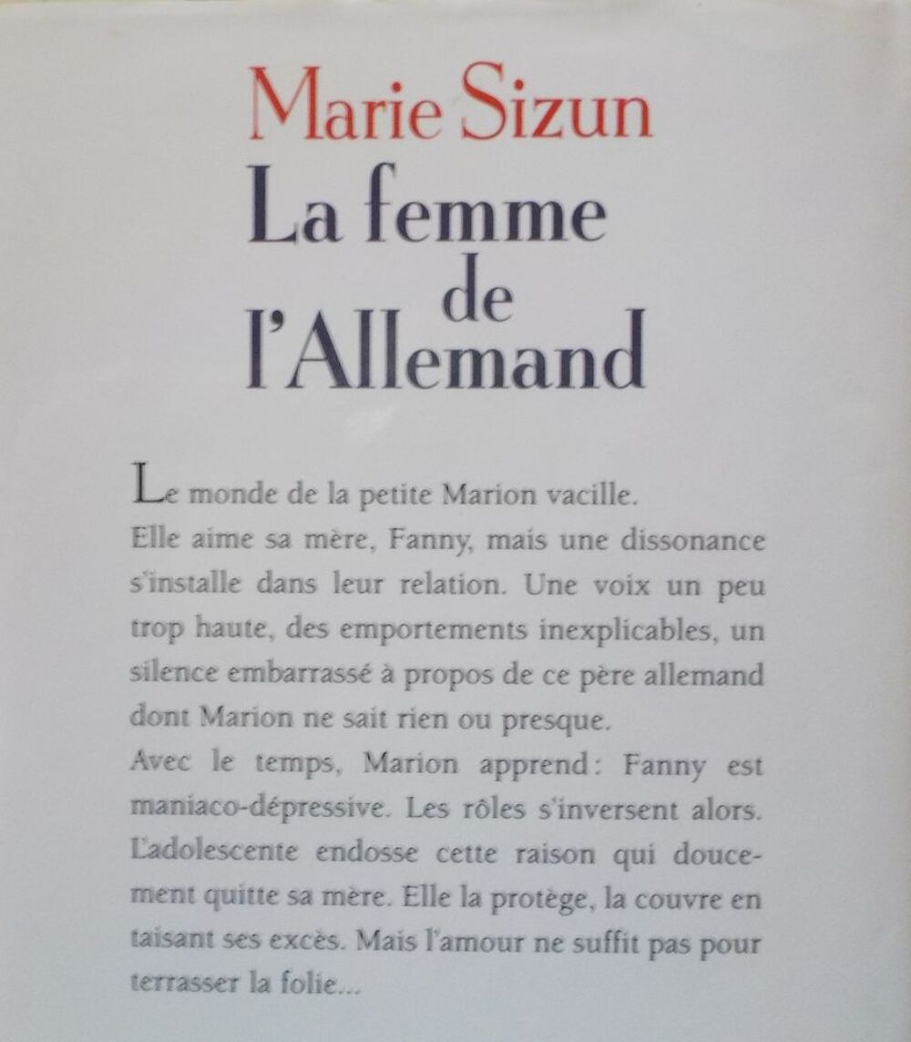 LA FEMME DE L'ALLEMAND de Marie SIZUN Ed. France Loisirs Livres et BD