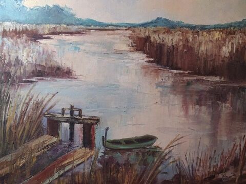 Ancien Tableau Lac Paysage de Sologne Loir et Cher Signé 80 Loches (37)