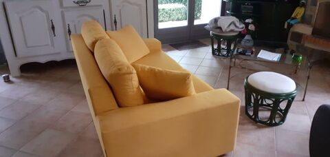 Canapé 2 places et ses deux coussins couleur jaune d'or.  250 Mazamet (81)