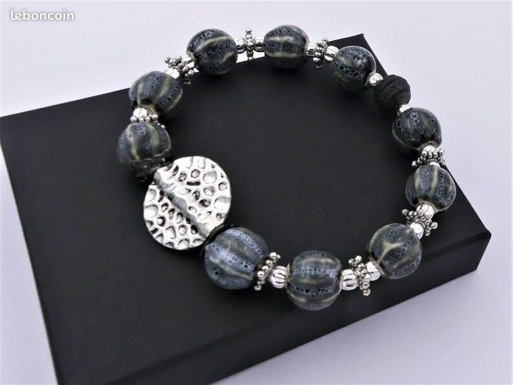 Bracelet &eacute;lastique laiton argent&eacute; et c&eacute;ramique Bijoux et montres