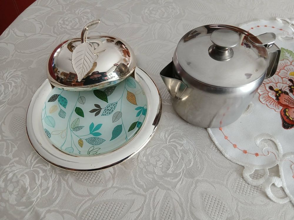  Service pomme argent&eacute; brillant pot inox ancien &agrave; th&eacute; N&deg;1464 Electroménager