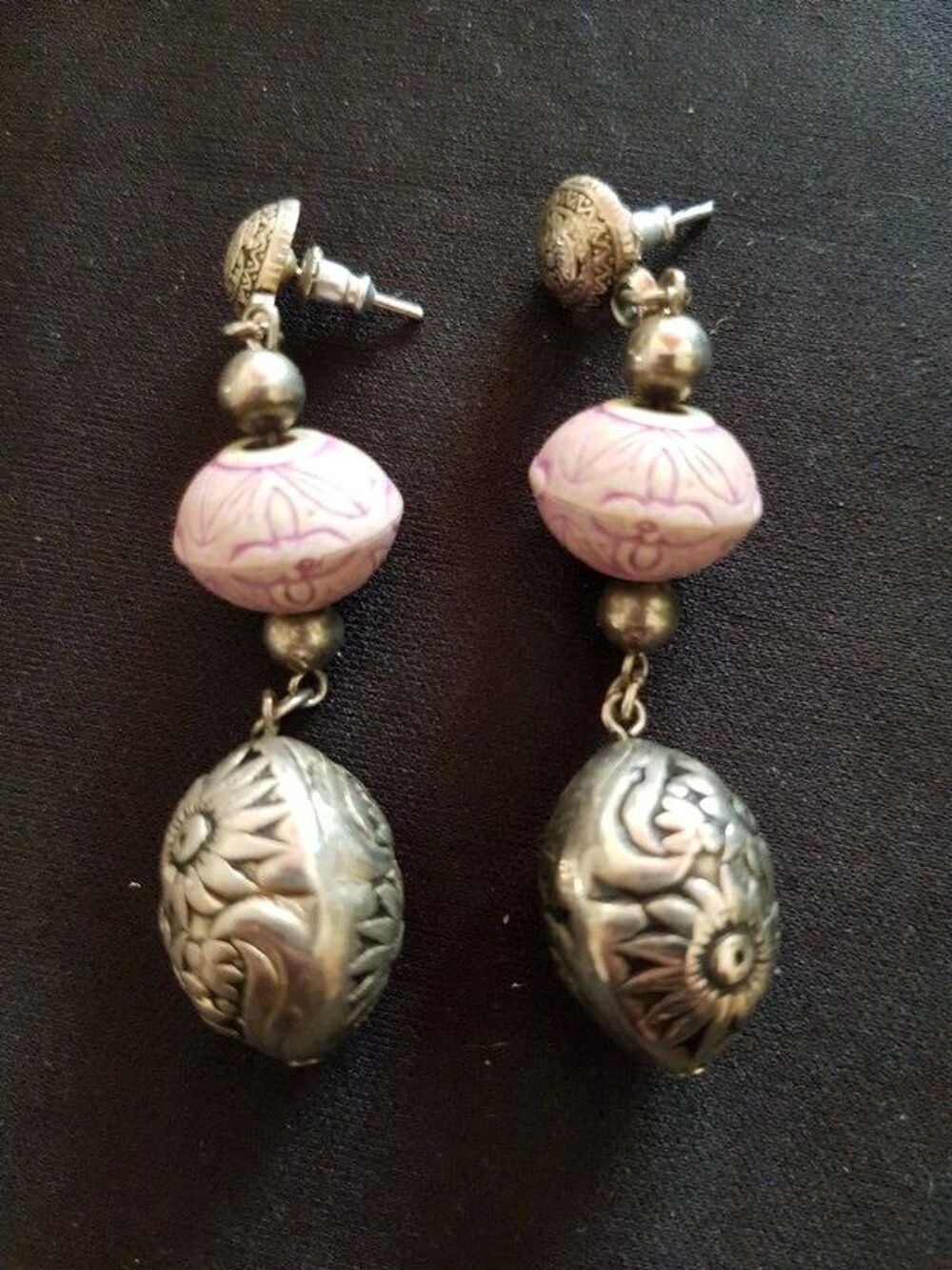 Boucle d oreille perle lilas et argent&eacute; neuf 6 cm 2 e Bijoux et montres