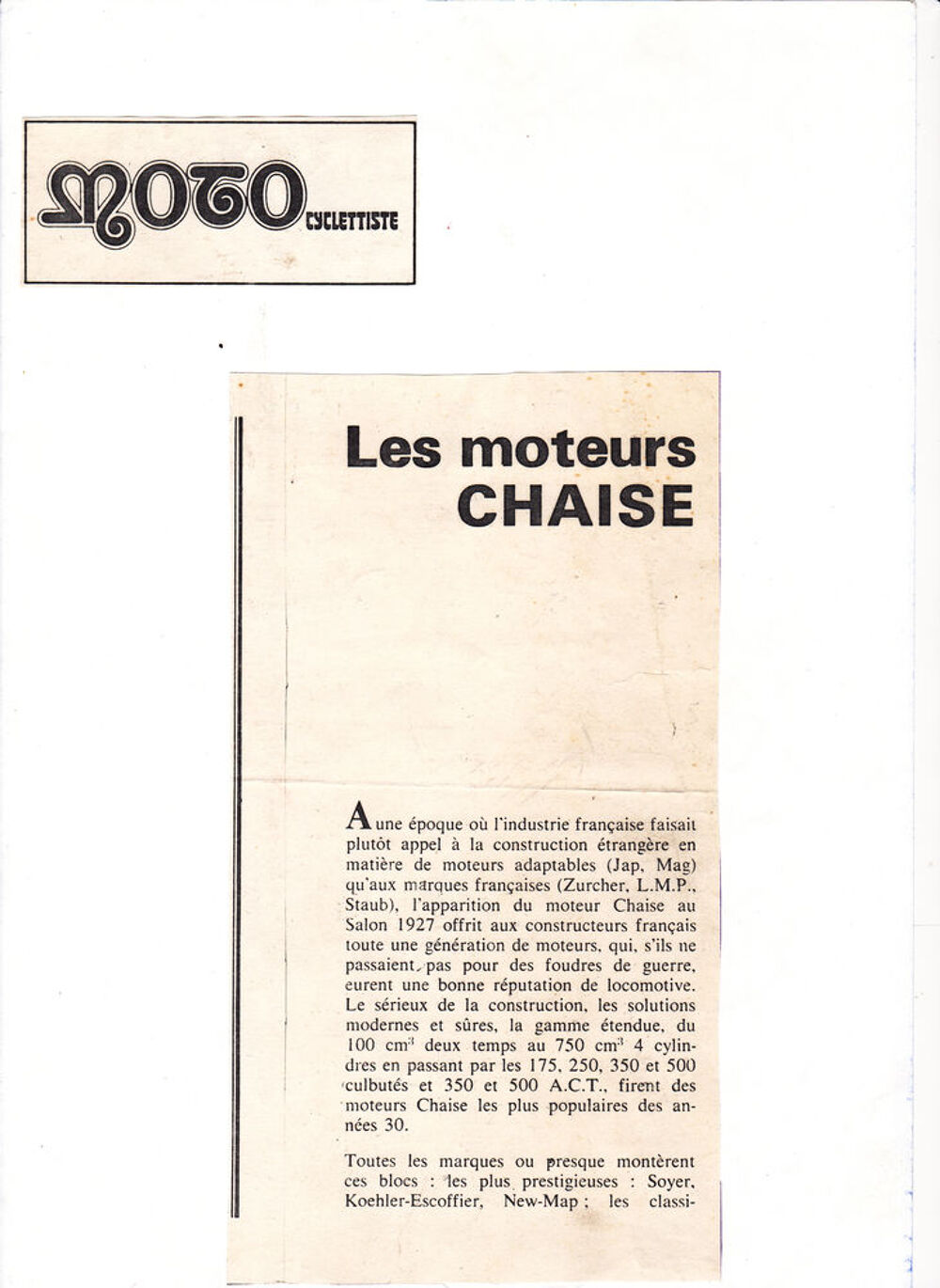  "Moteurs CHAISE documentation motos depuis 1927" Bricolage