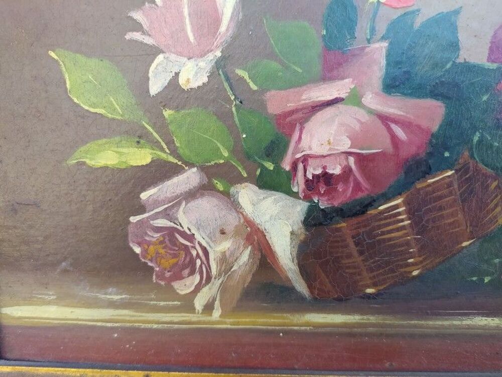 Tableau Paniers de Fleurs Roses Nature Morte Sign&eacute; Bigo
