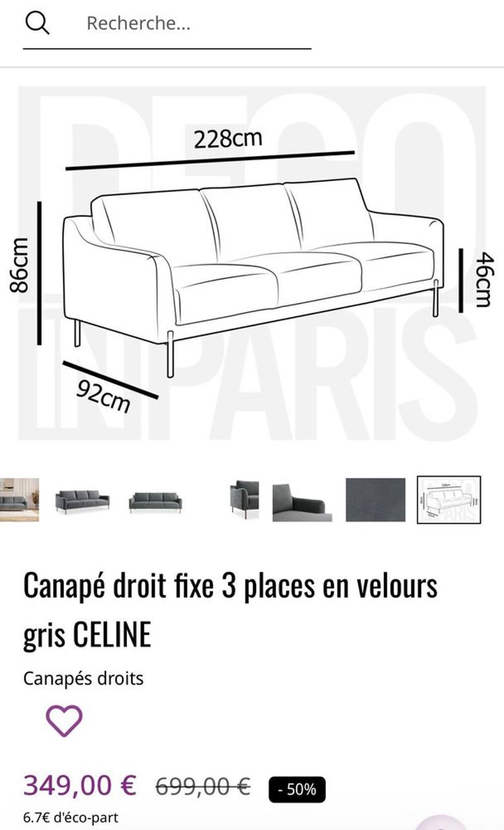 Canap&eacute; gris tissu et une table en verre Meubles
