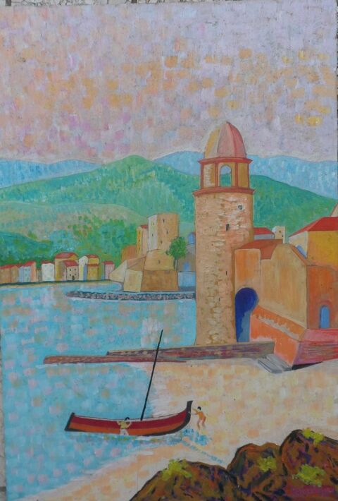 Peinture sur bois village au bord de la mer et bateau signée 25 Castries (34)