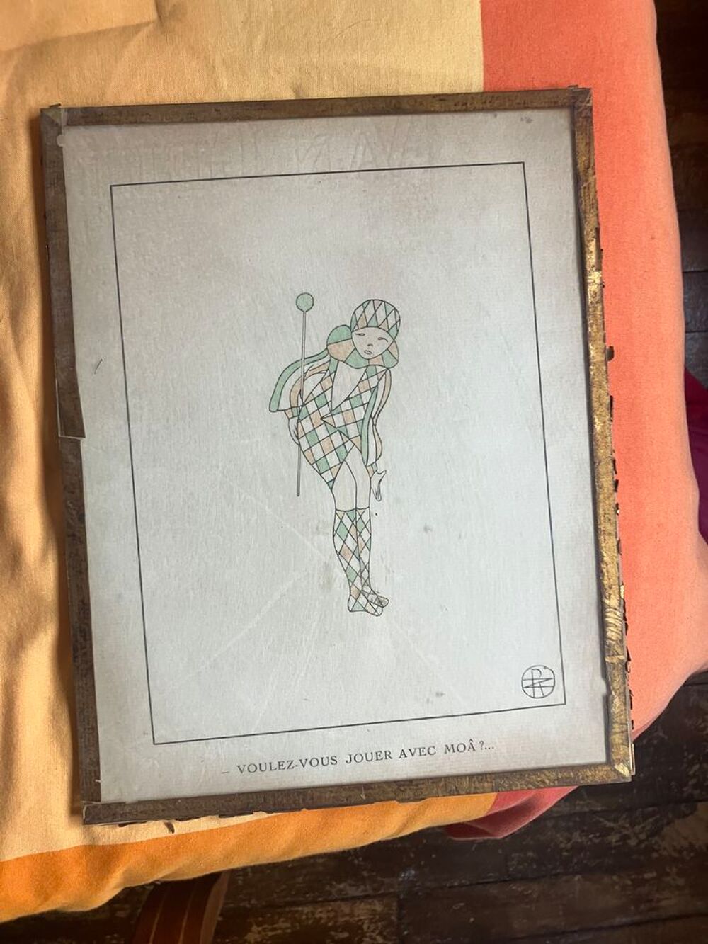 Lot de 4 gravures encadr&eacute;es Art d&eacute;co ? Pierrot / Arlequin Décoration
