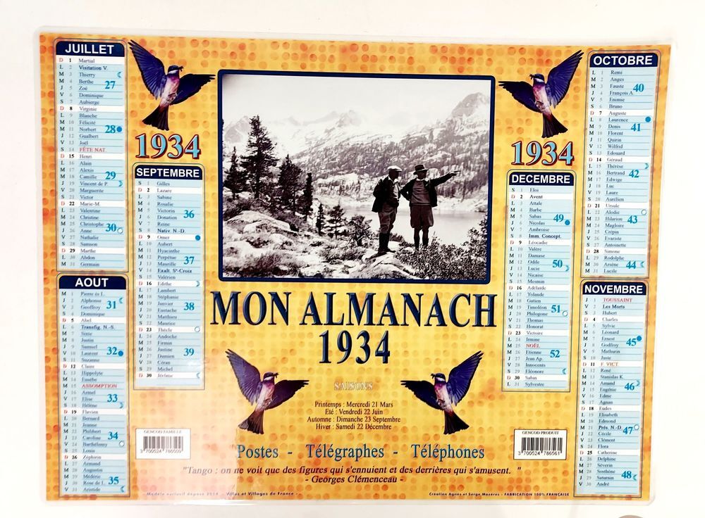 Almanach plastifi&eacute; recto-verso 1934 carte &agrave; offrir des &eacute;v&egrave;nements 