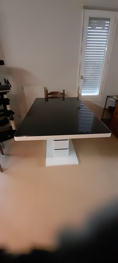 Table  manger contemporaine verre noir et pied blanc 200 Prigueux (24)