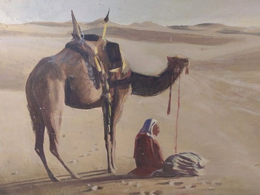 Ancien Tableau Orientaliste B&eacute;douins D&eacute;sert Décoration