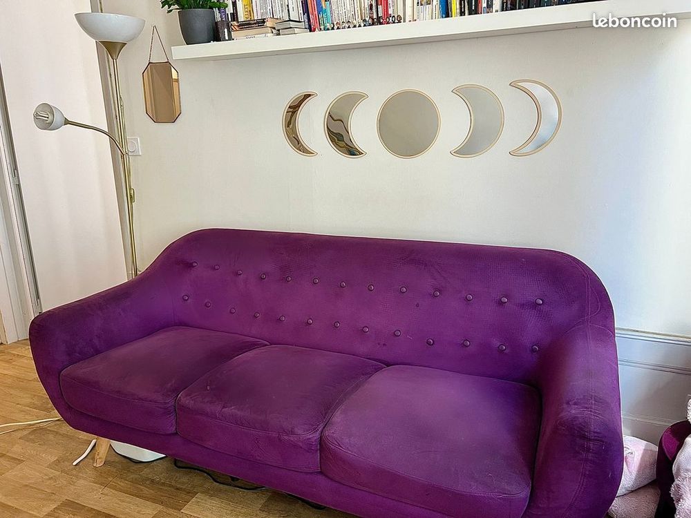 Canap&eacute; + 4 fauteuils + paire de rideau violet Meubles