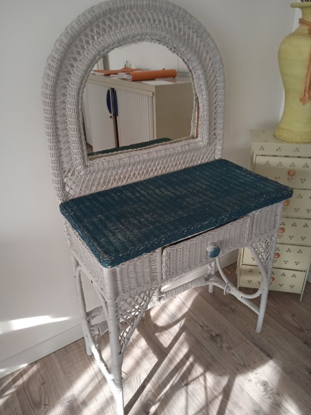 coiffeuse rotin verte et blanche miroir arrondi, un tiroir, Meubles