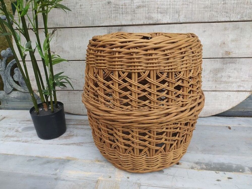 Ancien Si&egrave;ge Pouf Tress&eacute; Osier Vintage Meubles