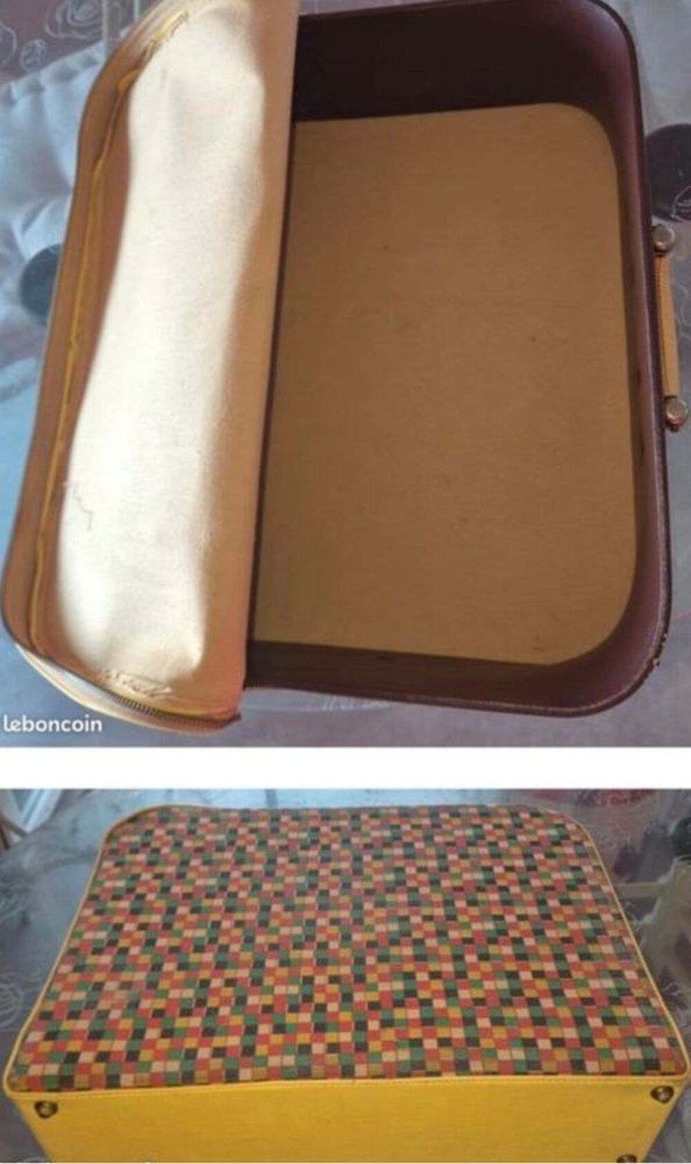 Valise Vintage Ann&eacute;es 50/60 - D&eacute;cor Damier Pop &amp; Ska&iuml; Jaune Maroquinerie